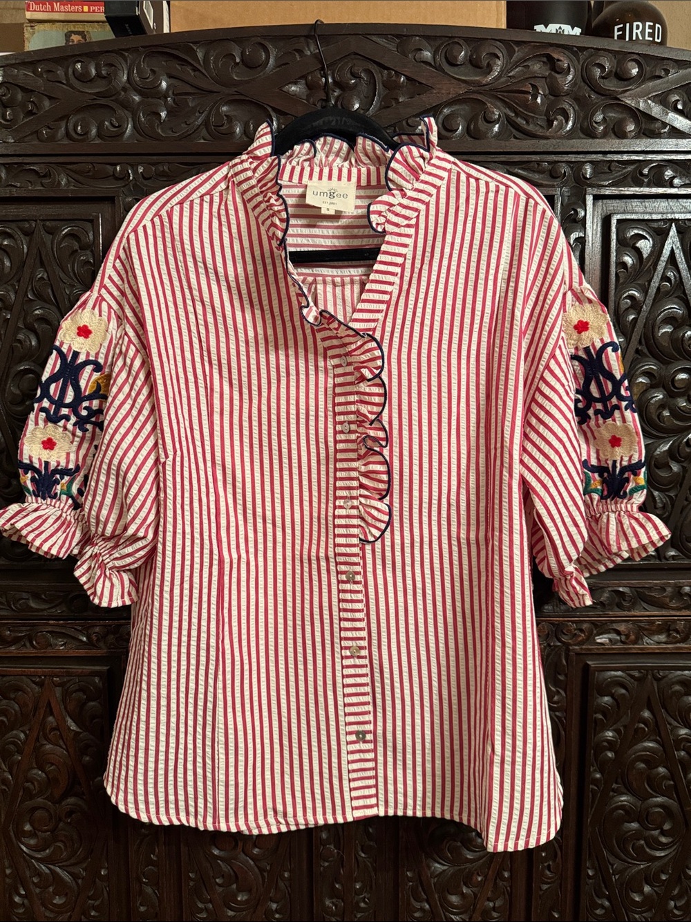 Umgee Pink & White Striped Ruffle-Front Button Down with Embroidered Sleeves